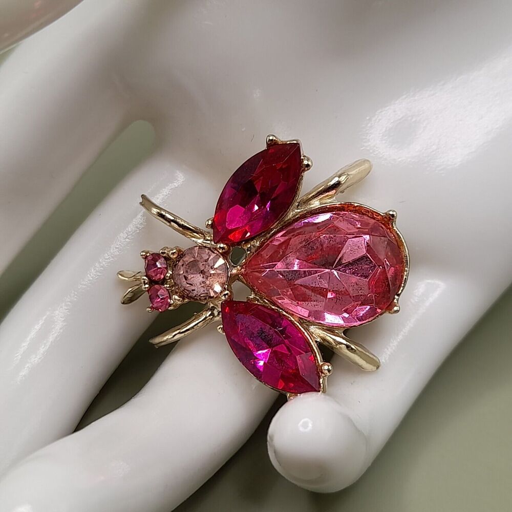 Vintage Pink Rhinestone Insect Brooch Gold Tone Marquise Cut 1950s